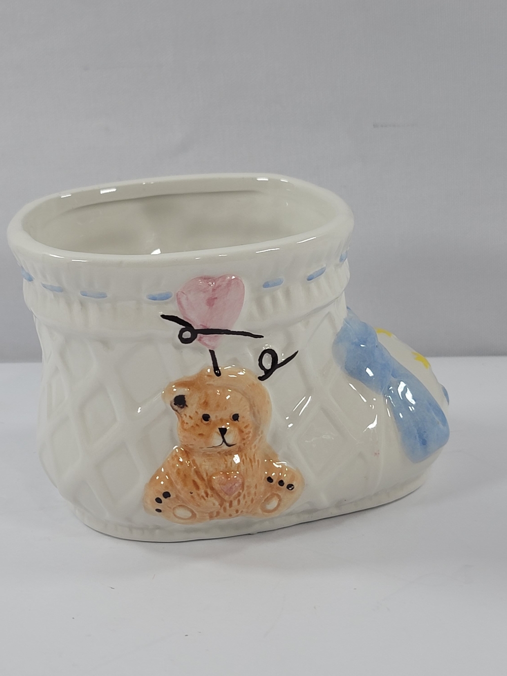 Vintage Burton Ceramic Baby Boot Planter Bear - White Nursery Decor